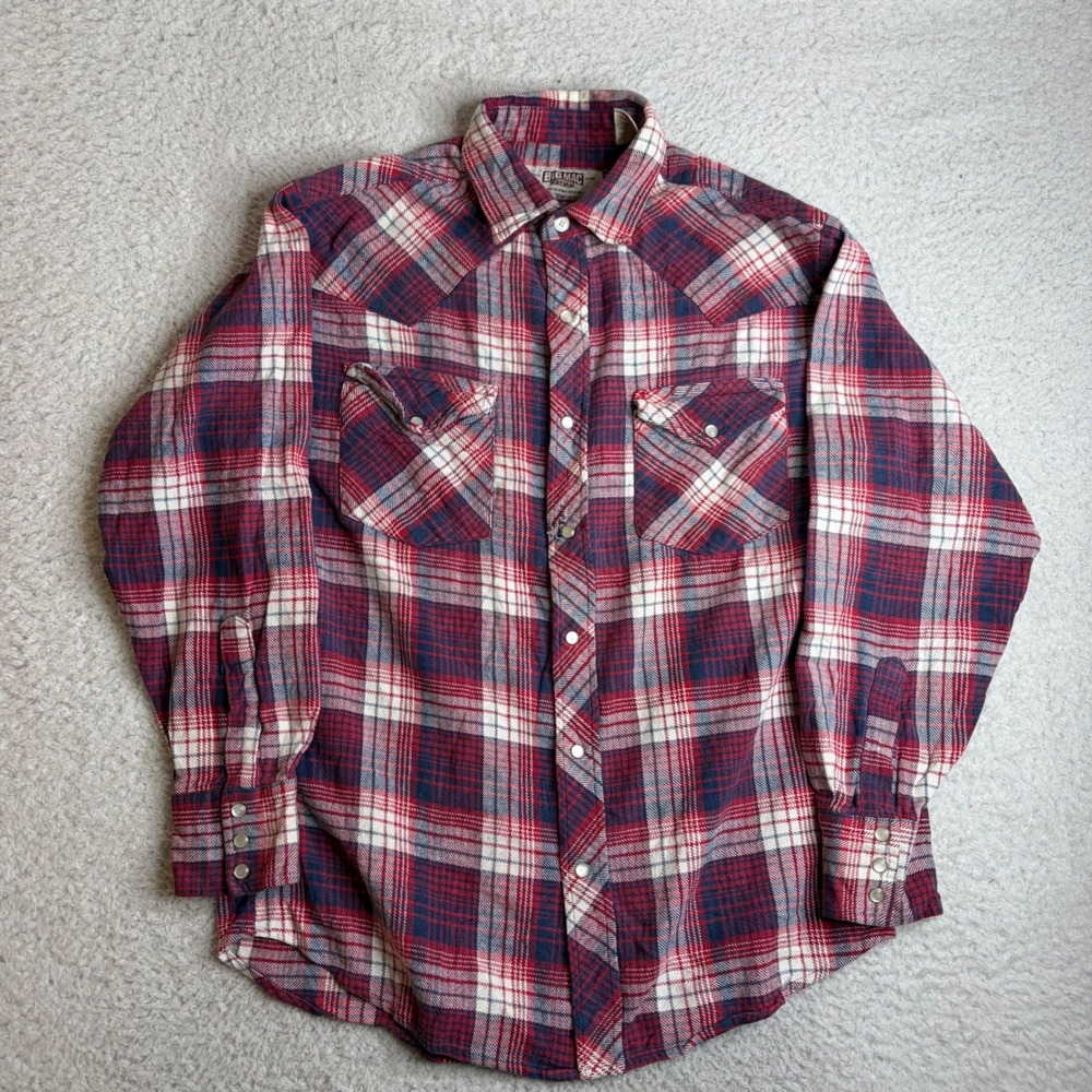 Big Mac Workwear Mens Red Blue Plaid Flannel Western Pearl Snap Shirt Medium